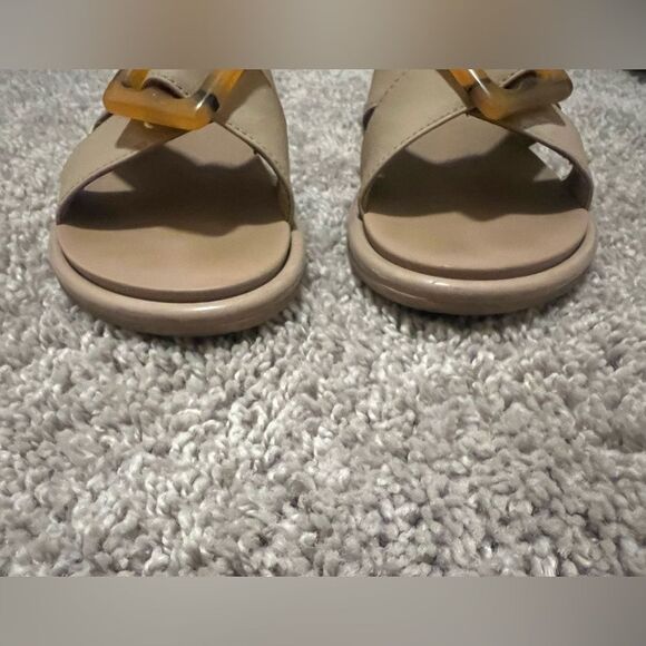 Olukai Women's Tan Slide Sandals With Tortishell Coloed Buckle - Picture 2 of 5